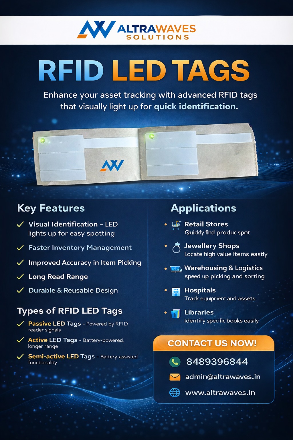 RFID LED tag glowing on asset for quick identification in warehouse